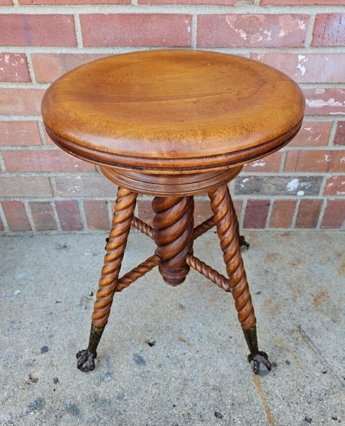 Mahogany Piano Stool Ornate Carved Turned Wood Glass Ball Claw Feet