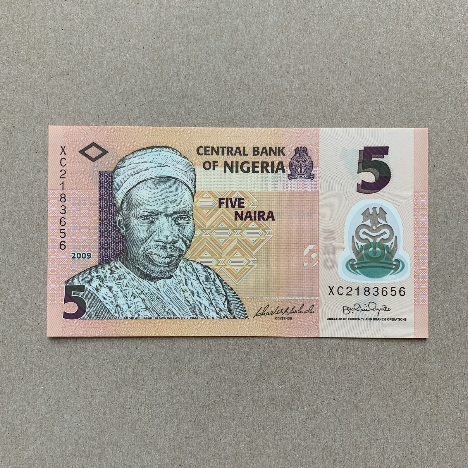 Nigeria 5 Naira Plastic Banknote. Giant of the Africa Currency Polymer Money UNC