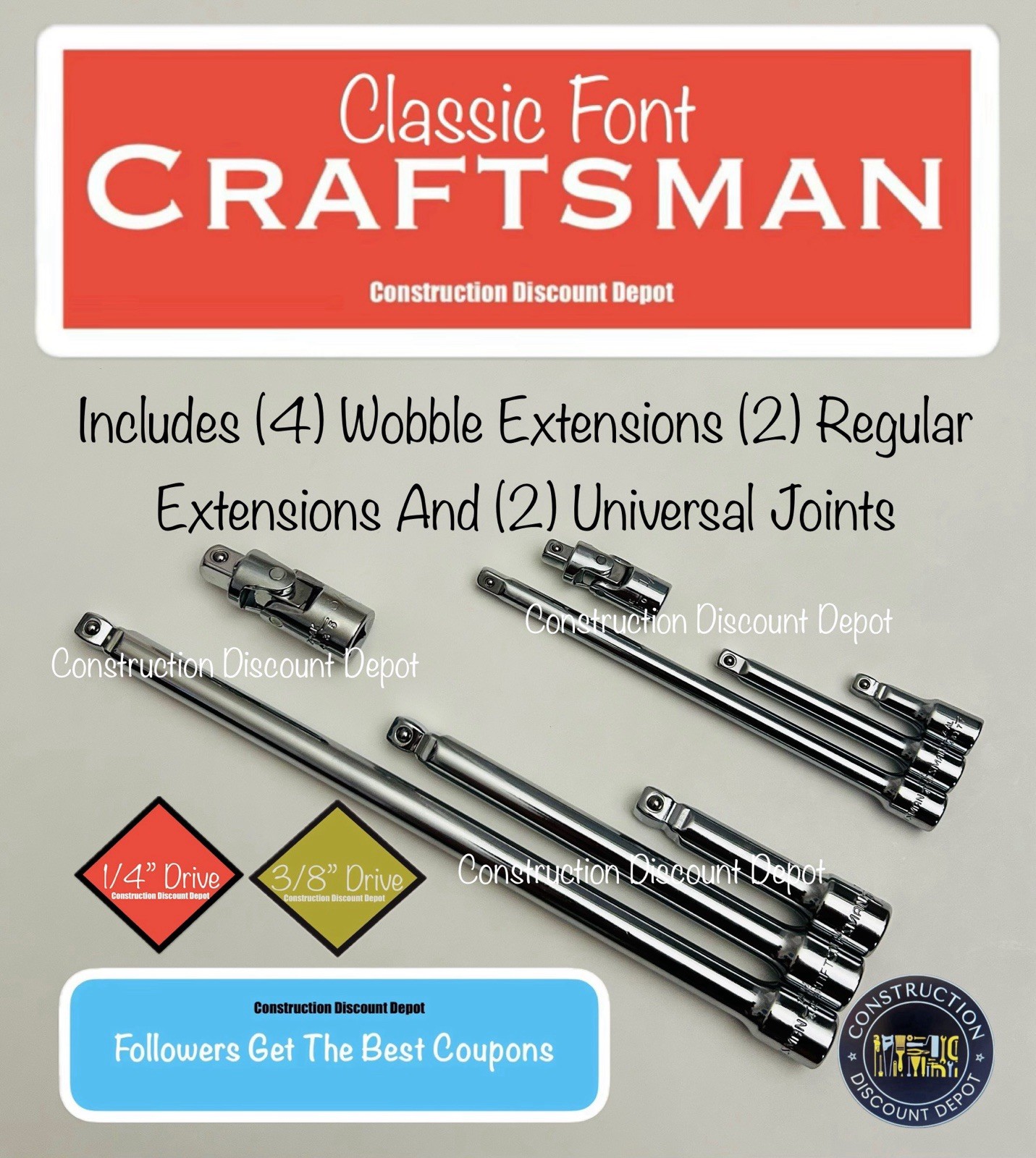 8 Piece Craftsman 1/4" 3/8"  Wobble Extension And Universal Set