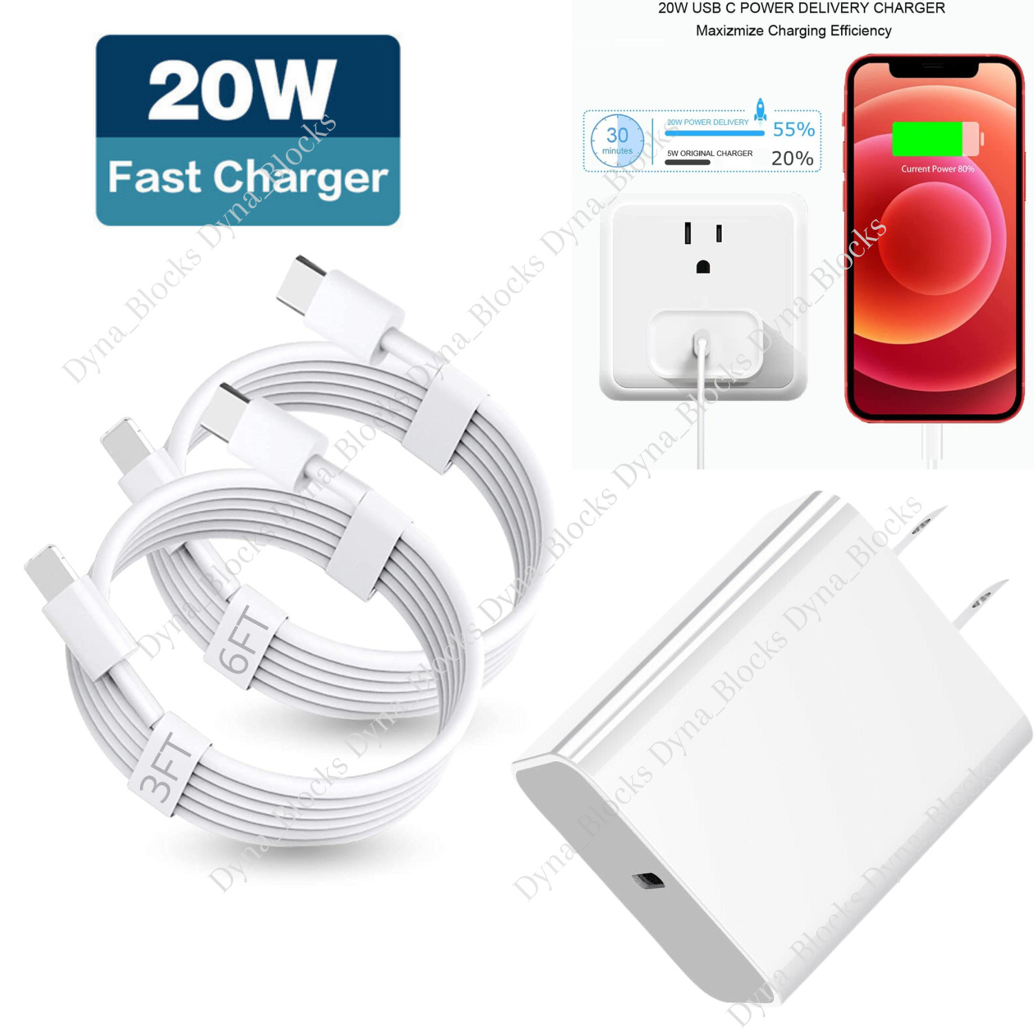 For iPhone 13 11 Pro Max XR XS 8 7 6 5 SE Plus 20W Cable PD Fast Charger Adapter