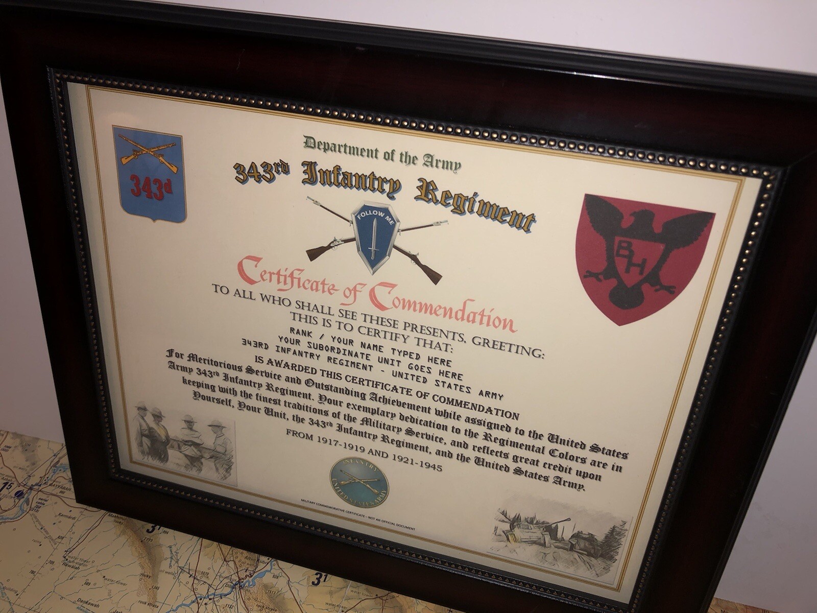 343RD INFANTRY REGIMENT / COMMEMORATIVE - CERTIFICATE OF COMMENDATION