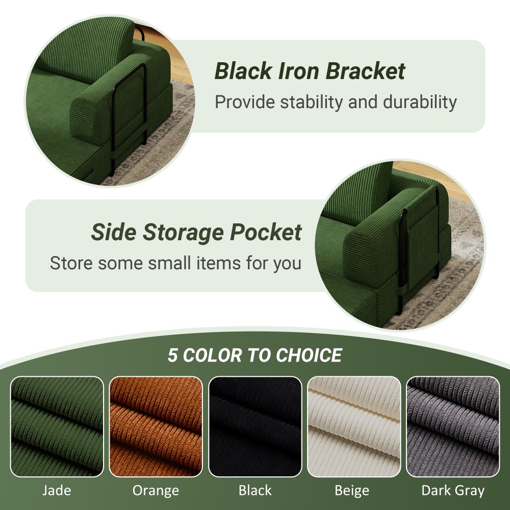Convertible Sleeper Sofa Bed w Cylindrical Pillow Corduroy Mattress Couch Jade