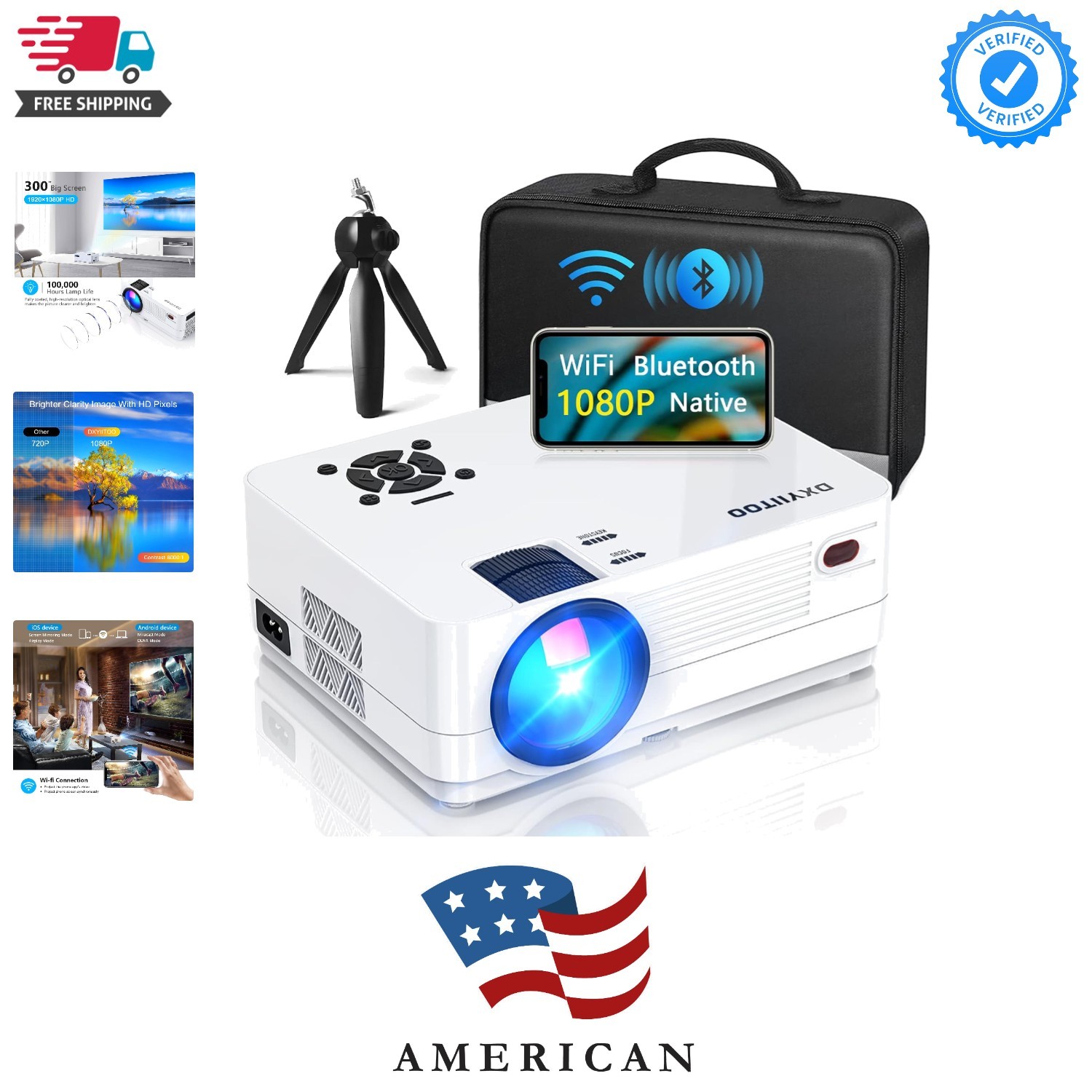 Native 1080P Projector with WiFi and Two-Way Bluetooth, Full HD Movie Project...