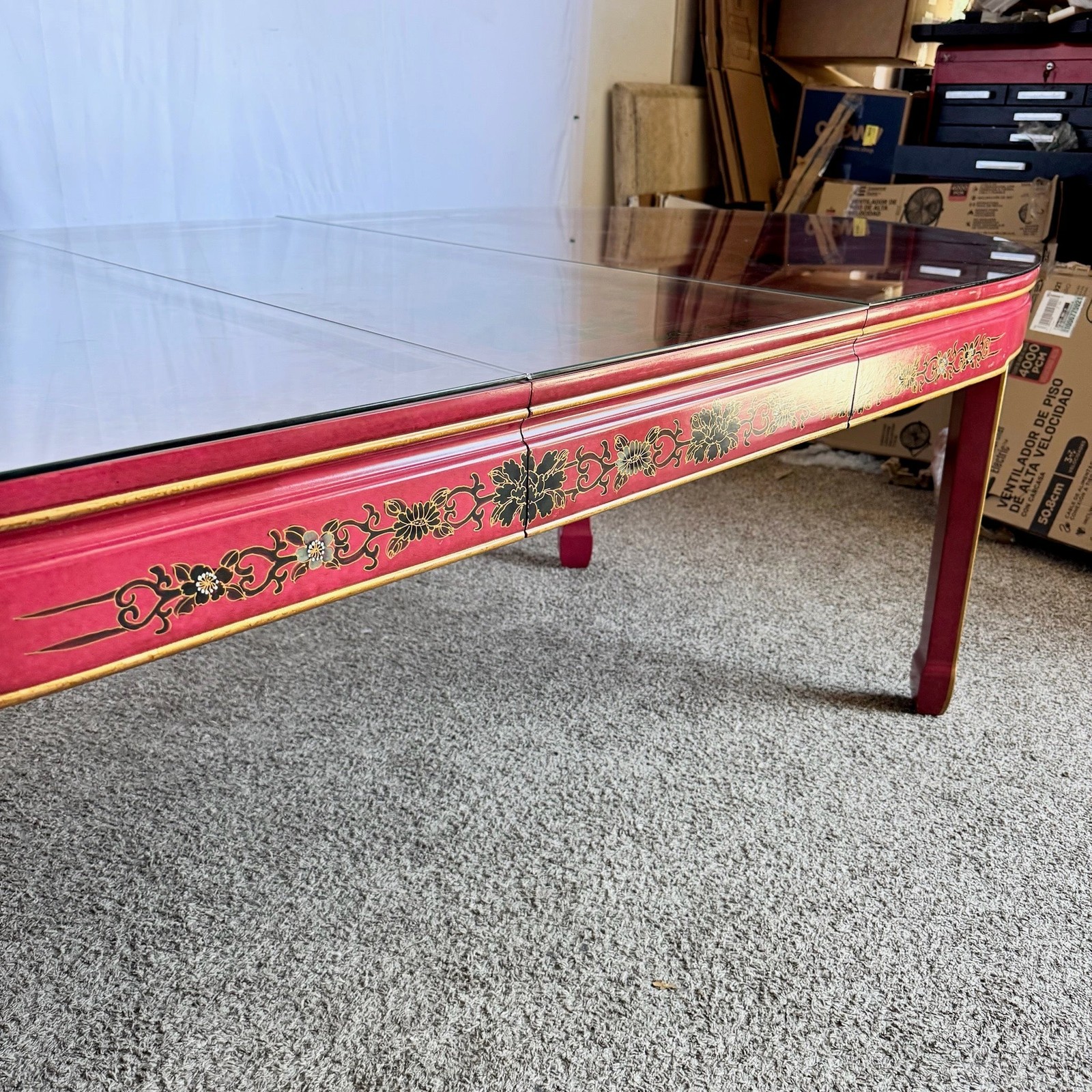 Chinese Red and Gold Lacquered Hand Painted Extendable Dining Table With Glass