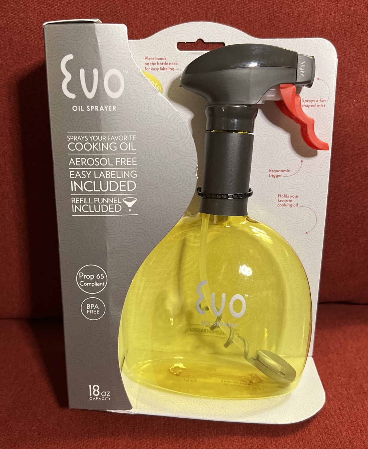 New Evo Oil Sprayer Bottle, Non-Aerosol for Olive Oil and Cooking Oils, 18-ounce