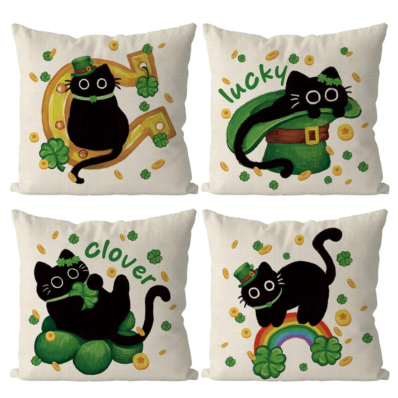 St Patricks Day Pillow Covers 18x18 Inch Set of 4 Black Cat Decor Throw Pillowca