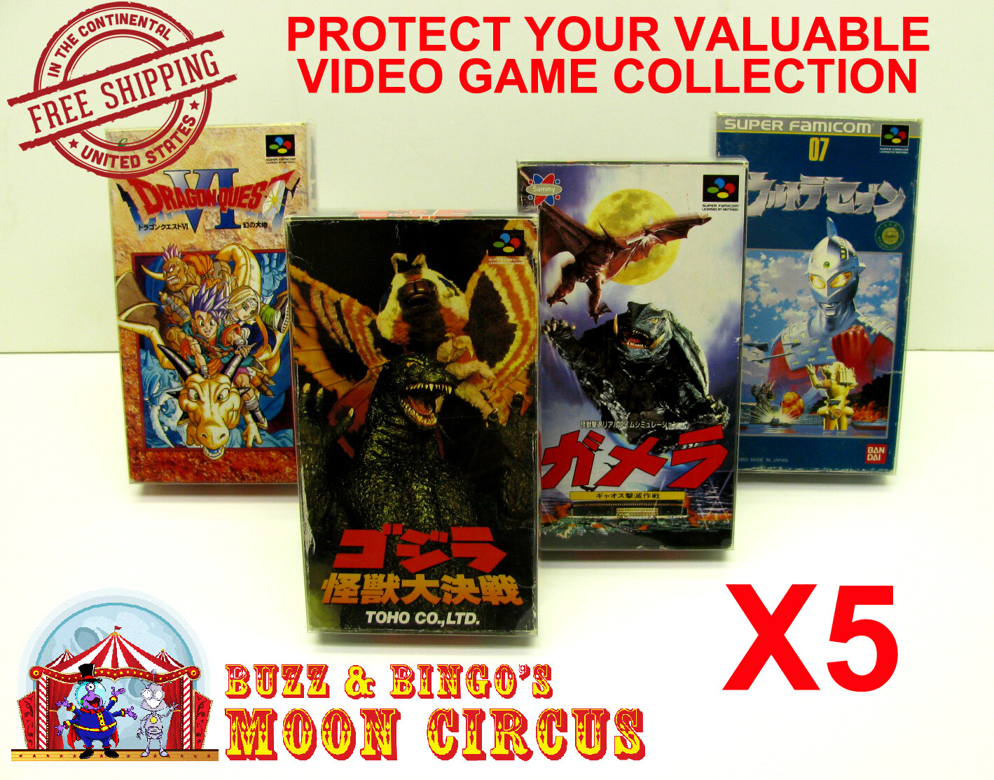 5X NINTENDO SUPER FAMICOM CIB GAME - CLEAR PLASTIC PROTECTIVE BOX PROTECTORS