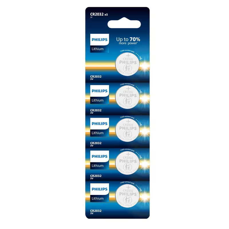 5 Pack 10 Year PHILIPS CR2032  Lithium Battery - Leak Proof And Durable