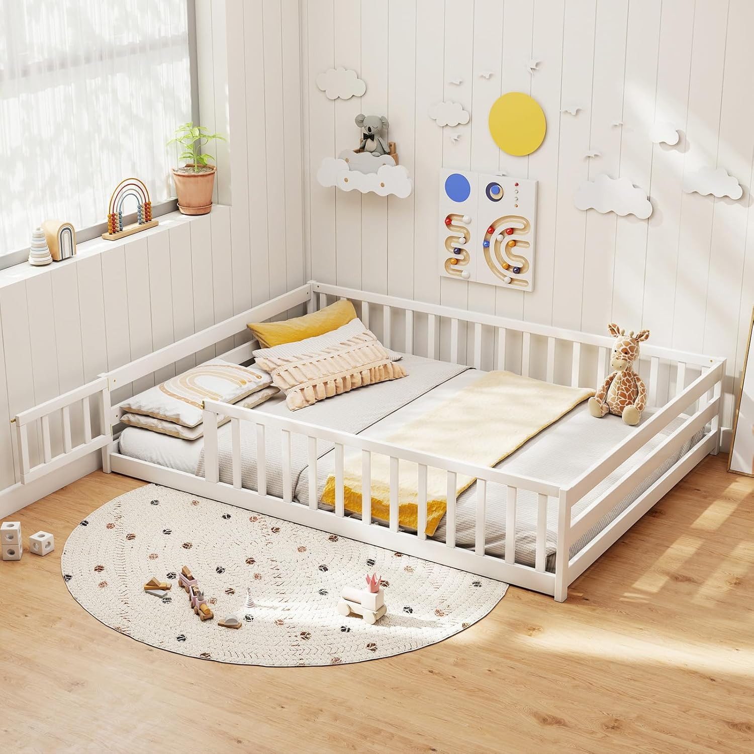 Full Size Wood Floor Bed with Door & Fence, Montessori Bed Frame with Full Lengt