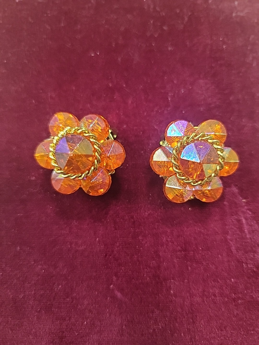 MC W. Germany Tangerine & Gold Bead Irredescent Flower Clip Earrings