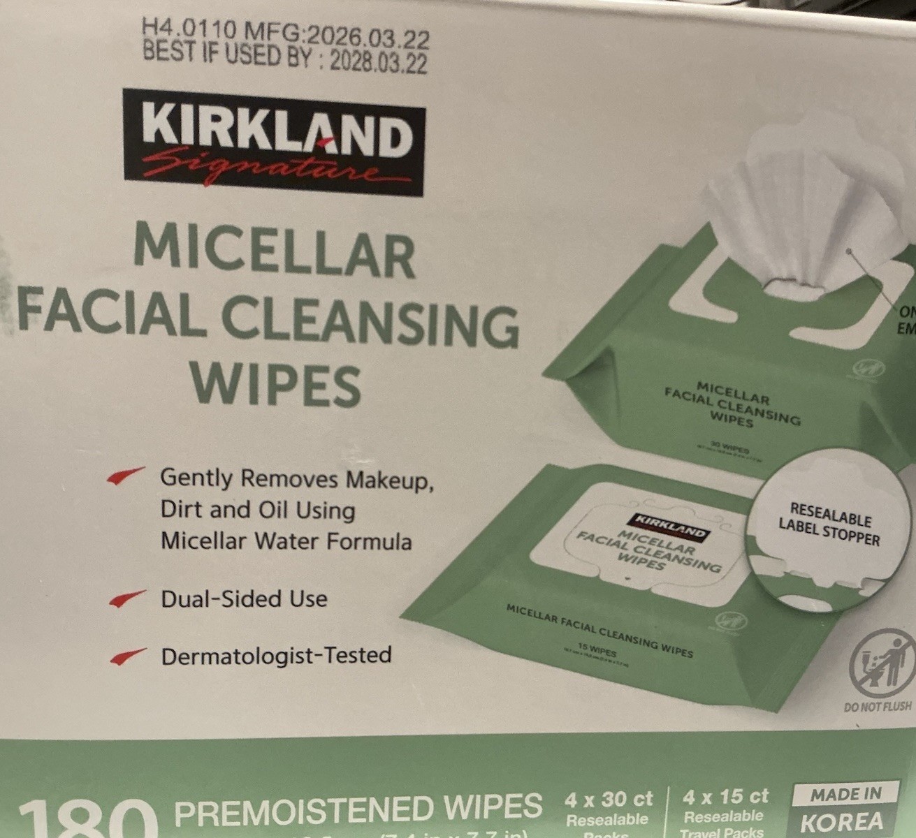 Kirkland Signature Micellar Facial Cleansing Wipes, 180 Ct
