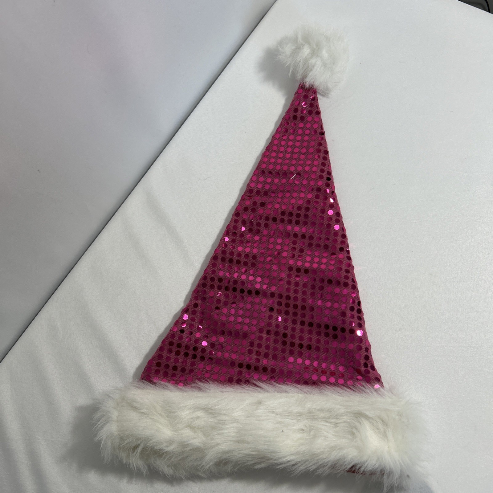 Christmas Santa Claus Hat Soft Pink & White Sequins Bling Faux Fur 22” Diam NEW