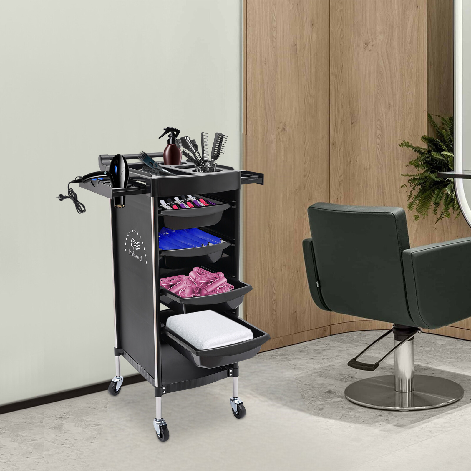 Salon Trolley Cart w/ Wheels 4 Drawers + 2 Tray Holders Hair Salon Station USA