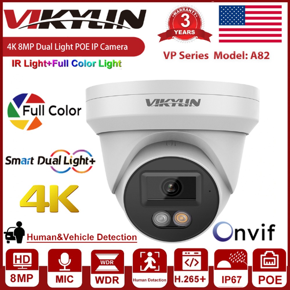Vikylin 4K 8MP PoE IP Camera Outdoor Audio Dual light Full Color+IR Onvif NDAA