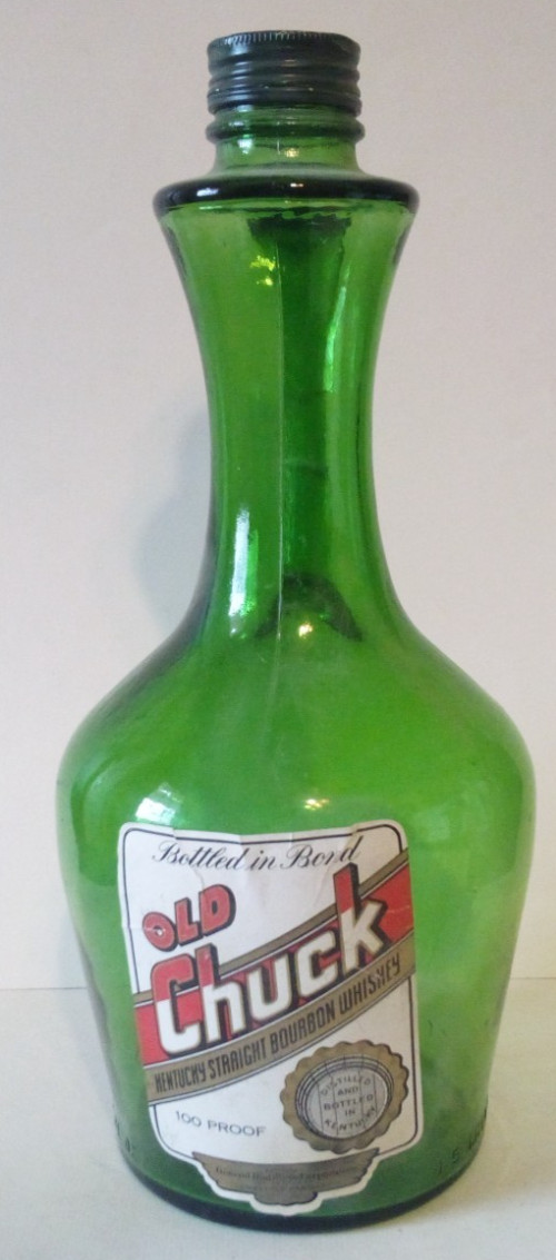 VTG OLD CHUCK KENTUCKY BOURBON WHISKEY GREEN GLASS BOTTLE 1.5 LITER RARE ai