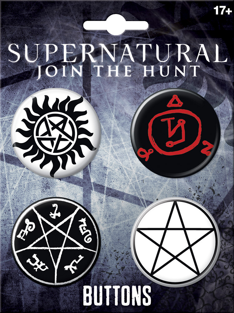 Supernatural TV Series Runes Carded Set of 4 Round Buttons Set 1 NEW UNUSED