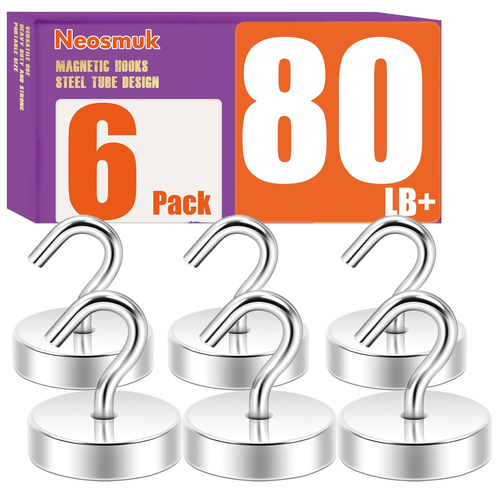 Magnetic Hooks Steel Tube Design for Cruise,80lb+ Silver,6 Pack