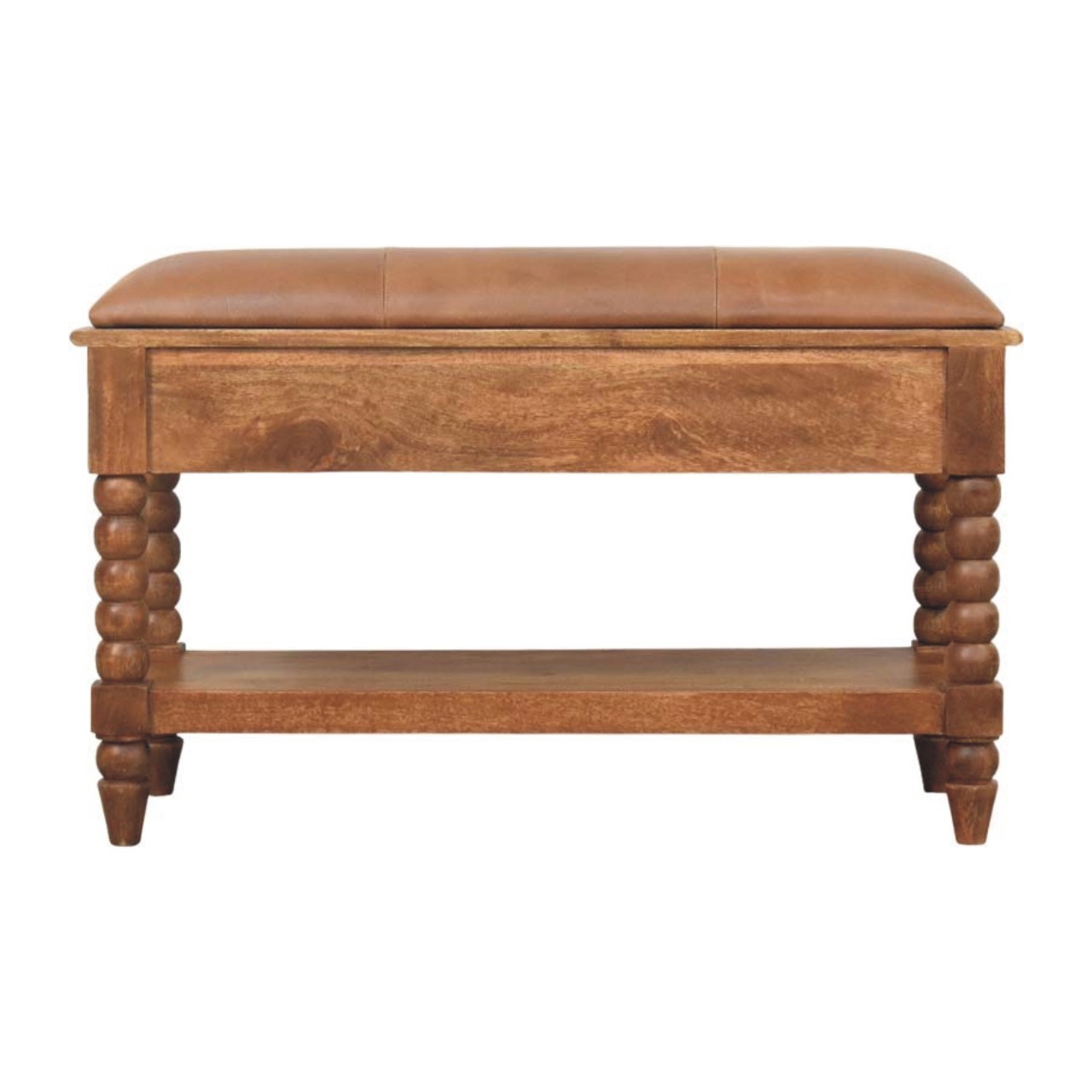Leather Spindle Storage Bench - Amber Oak