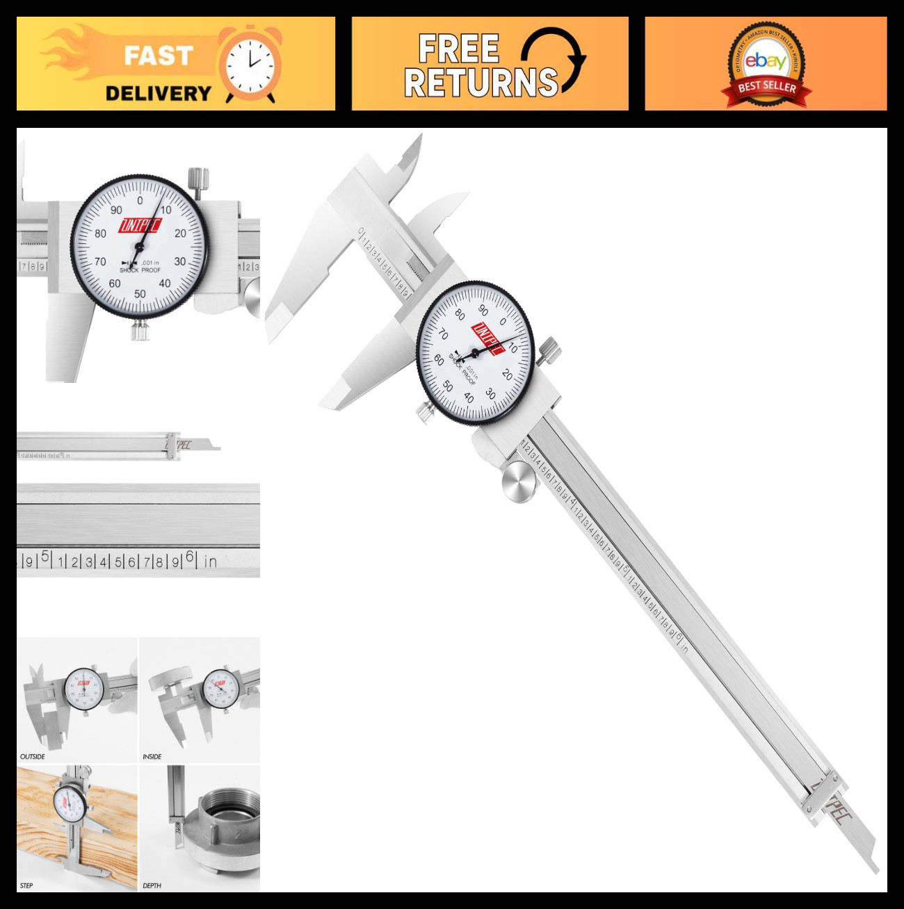 6" Dial Caliper - 0.001" Resolution, Stainless Steel, Shock-Proof, Carrying Case