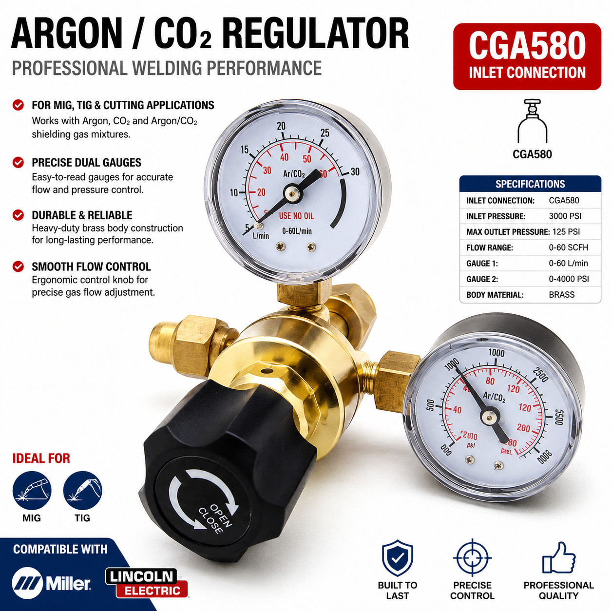 Argon CO2 Regulators Gauges Welding CGA580 Miller Lincoln Mig Tig