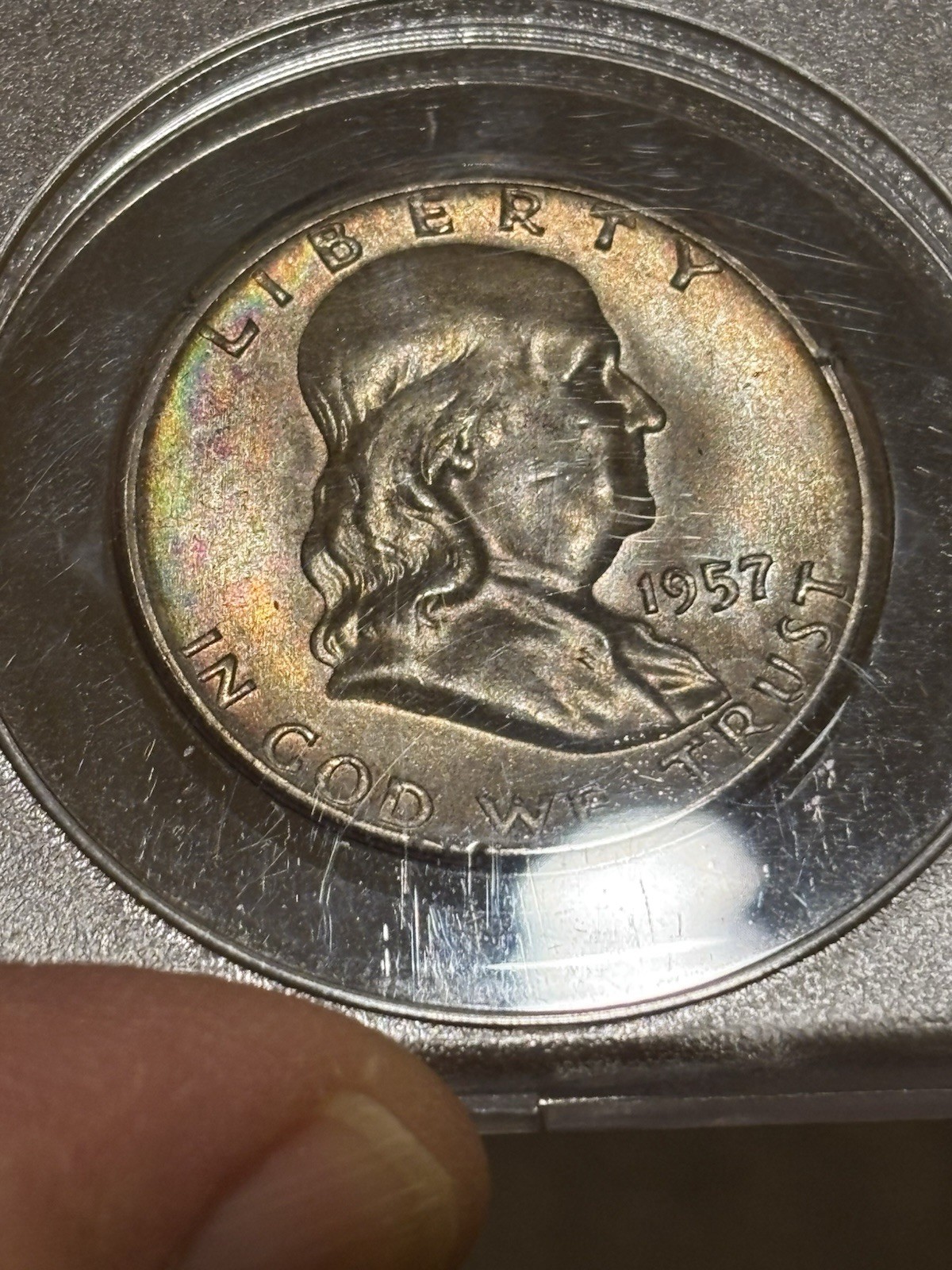 1957 D Franklin Half Old PCGS RATTLER MS 64 And CAC! Gorgeous Tone Ogh Old Green