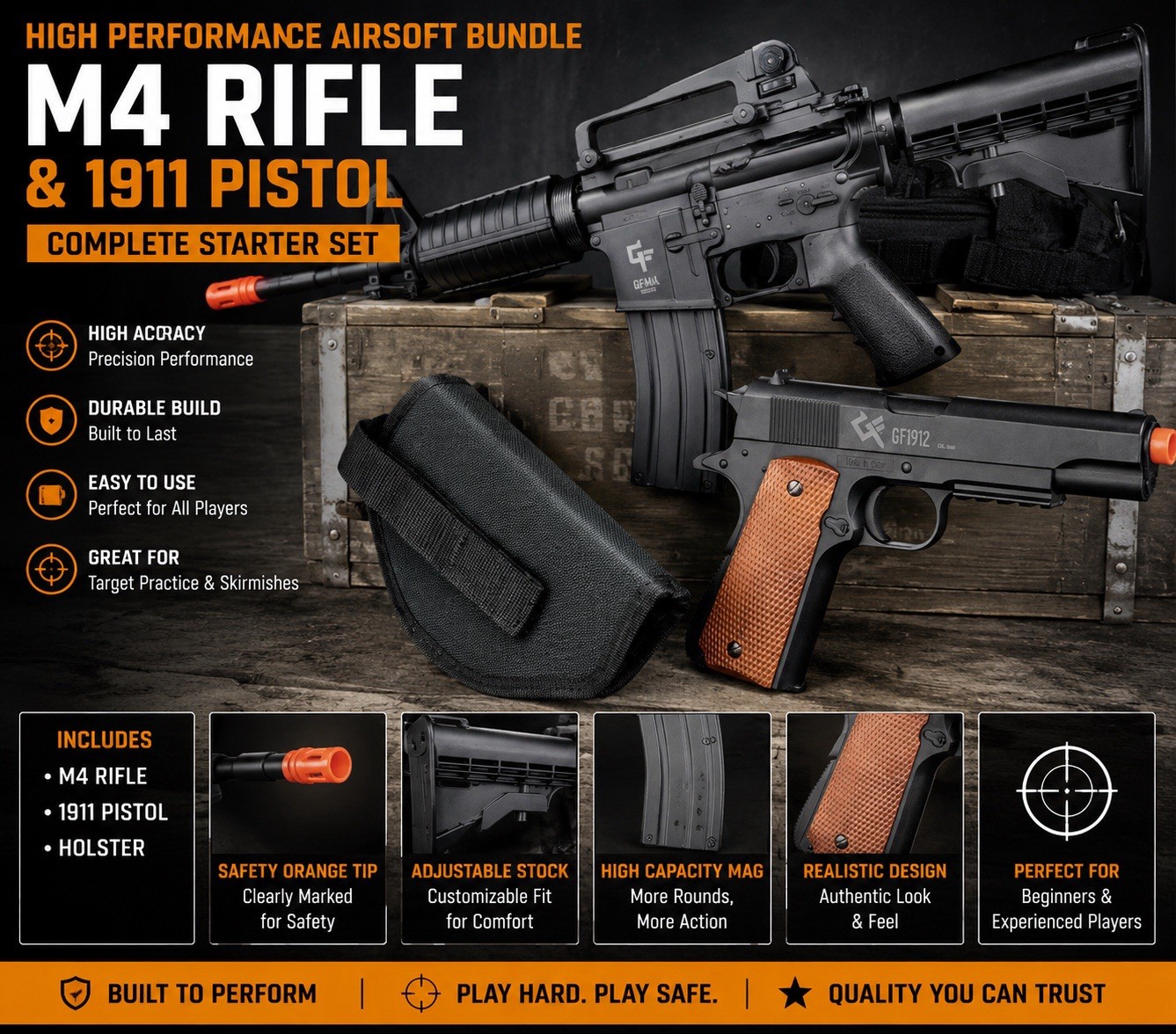 Game Face Defender Strike Airsoft Full/Semi-Auto Rifle and 1911 Pistol Kit 52003