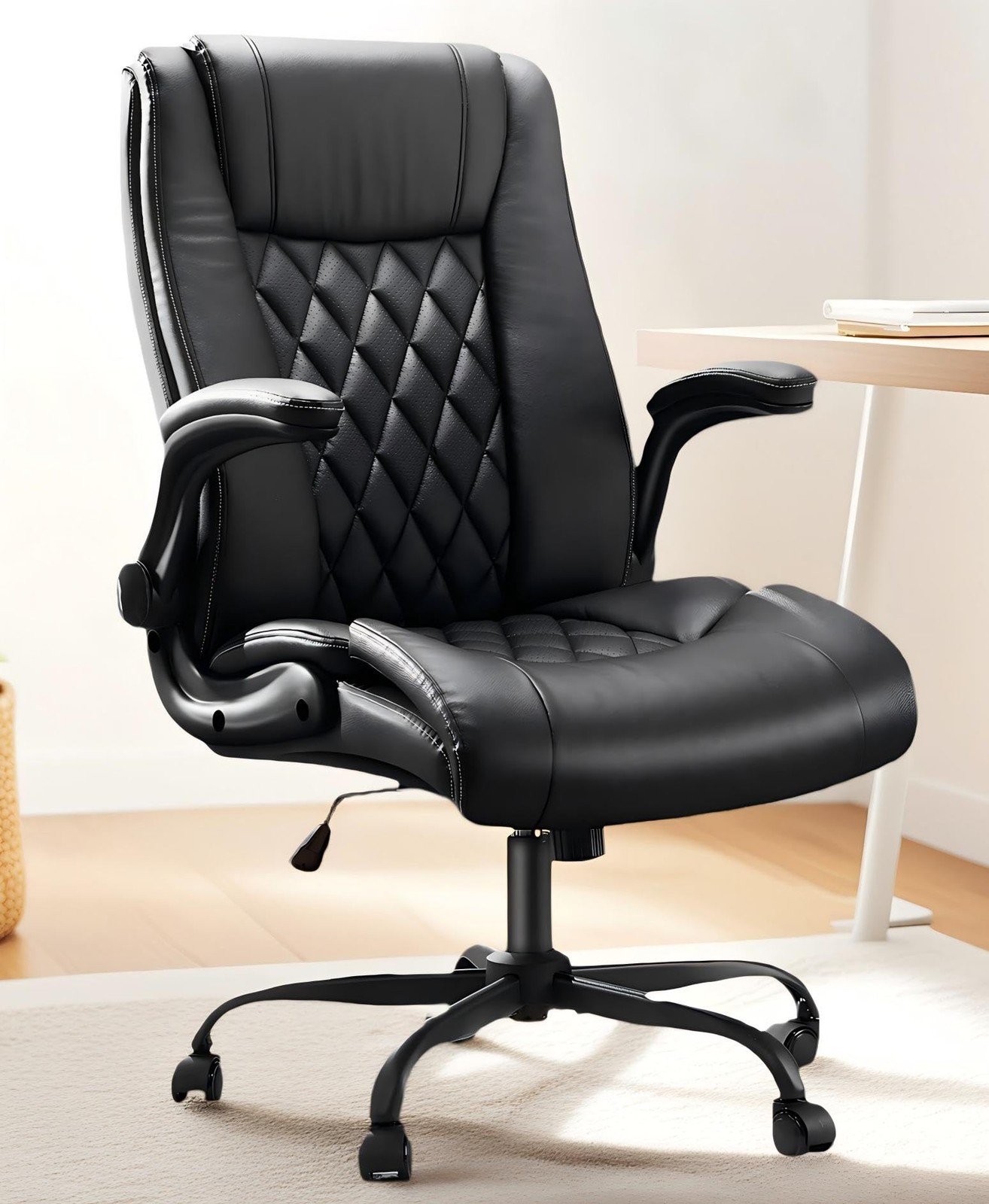 Executive Office Chair Ergonomic Desk Chair with Flip-up Armrests PU Leather ...