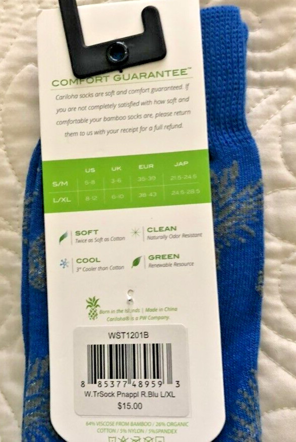 women's Cariloha socks blue with gray pineapples L/XL(8-12) nwts