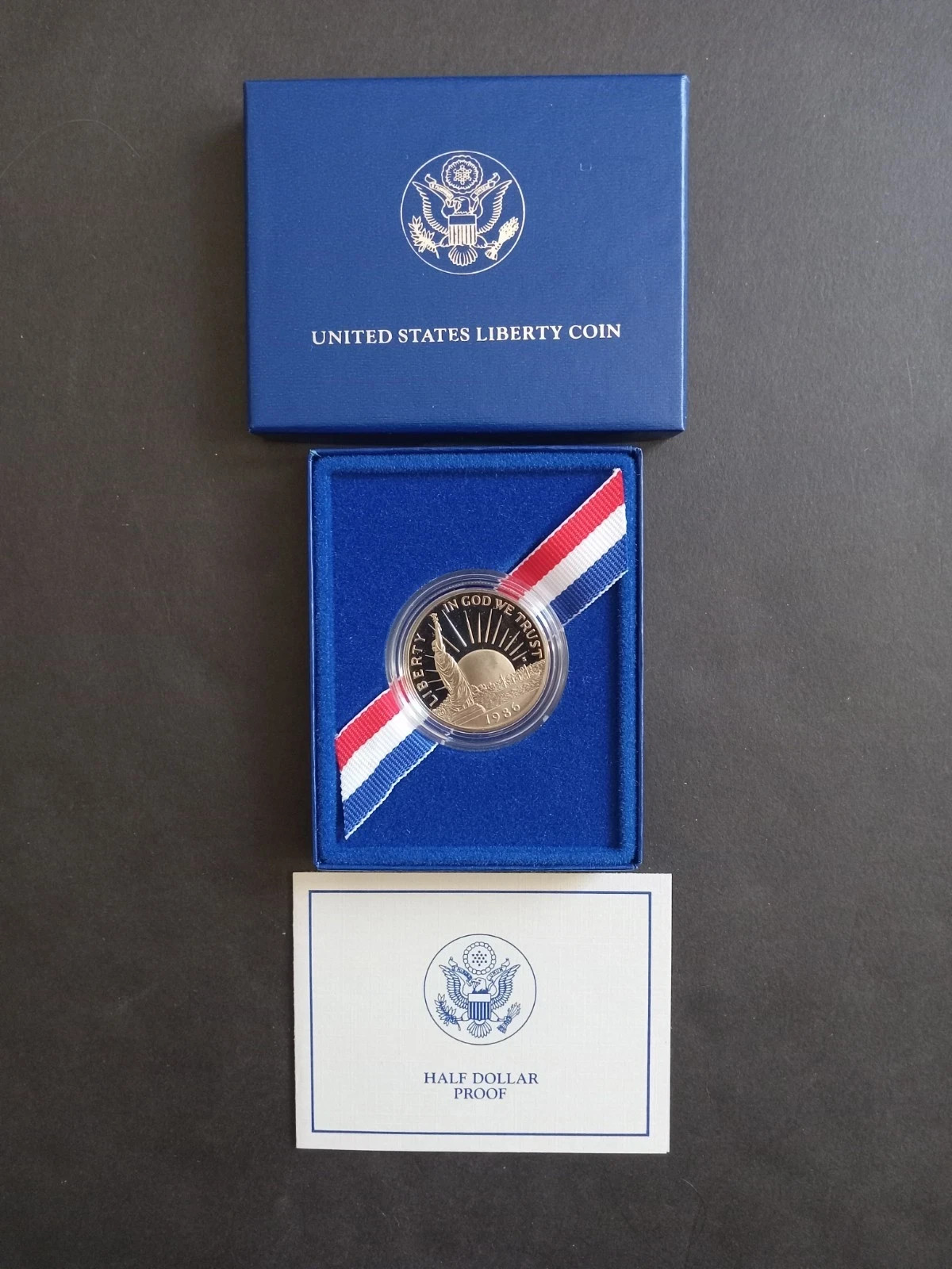1986-S STATUE OF LIBERTY ELLIS ISLAND PROOF CLAD HALF DOLLAR + OG BOX + COA