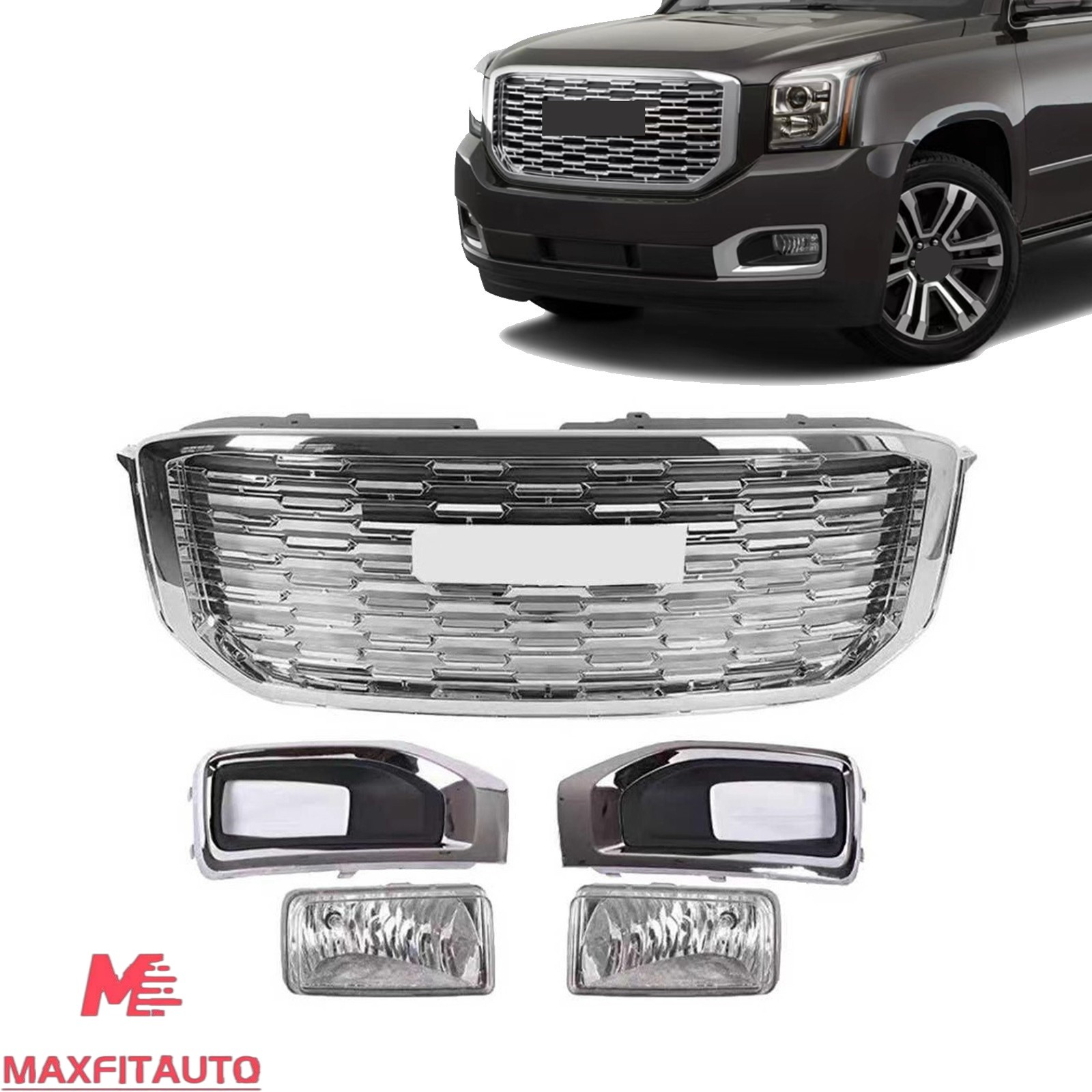 For GMC Yukon XL 2015-2020 Front Upper Grille Denali Style Fog Light Bezels 5PCS