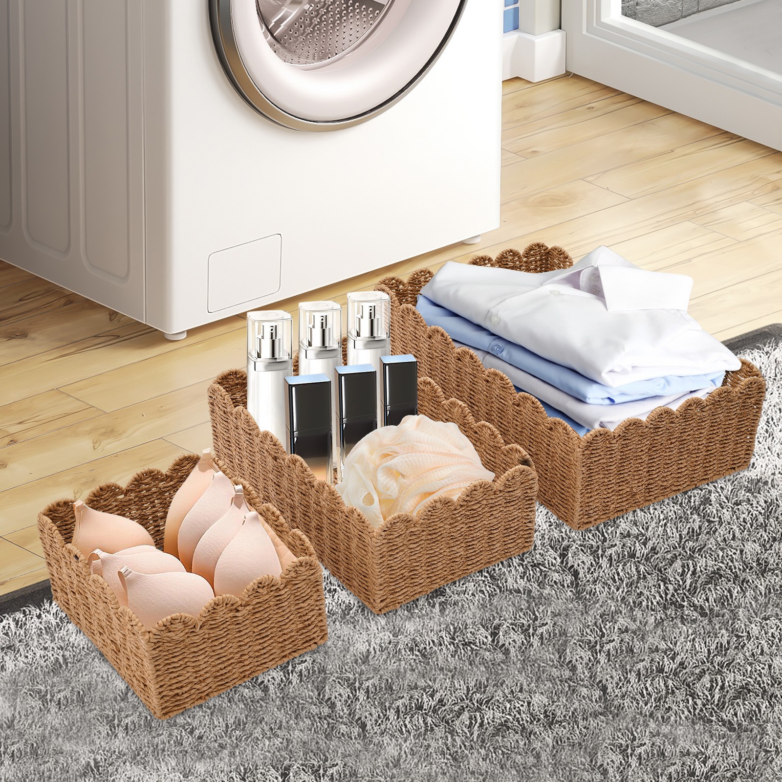 3-Piece Woven Storage Baskets Set Brown Rectangular Baskets for Desktop Organize