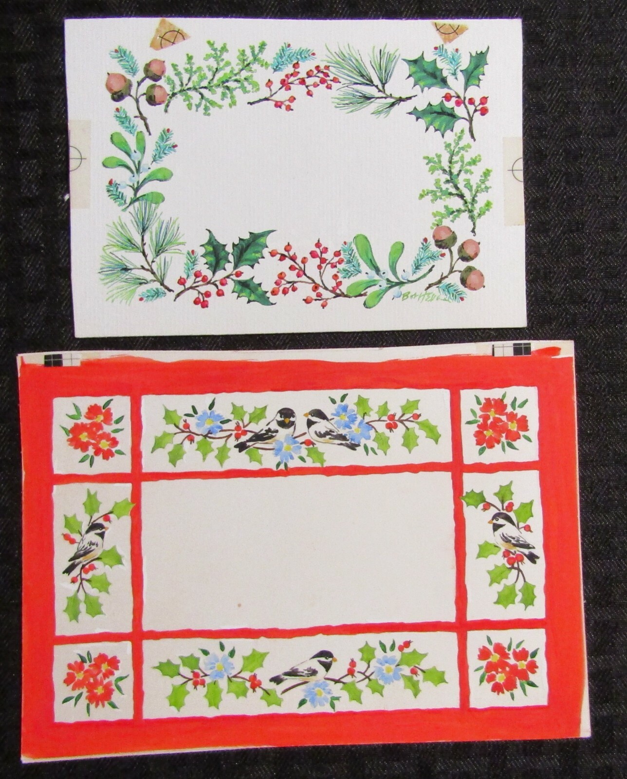 CHRISTMAS Boughs of Holly w/ Acorns & Birds 7.5x5" Greeting Card Art LOT of 2