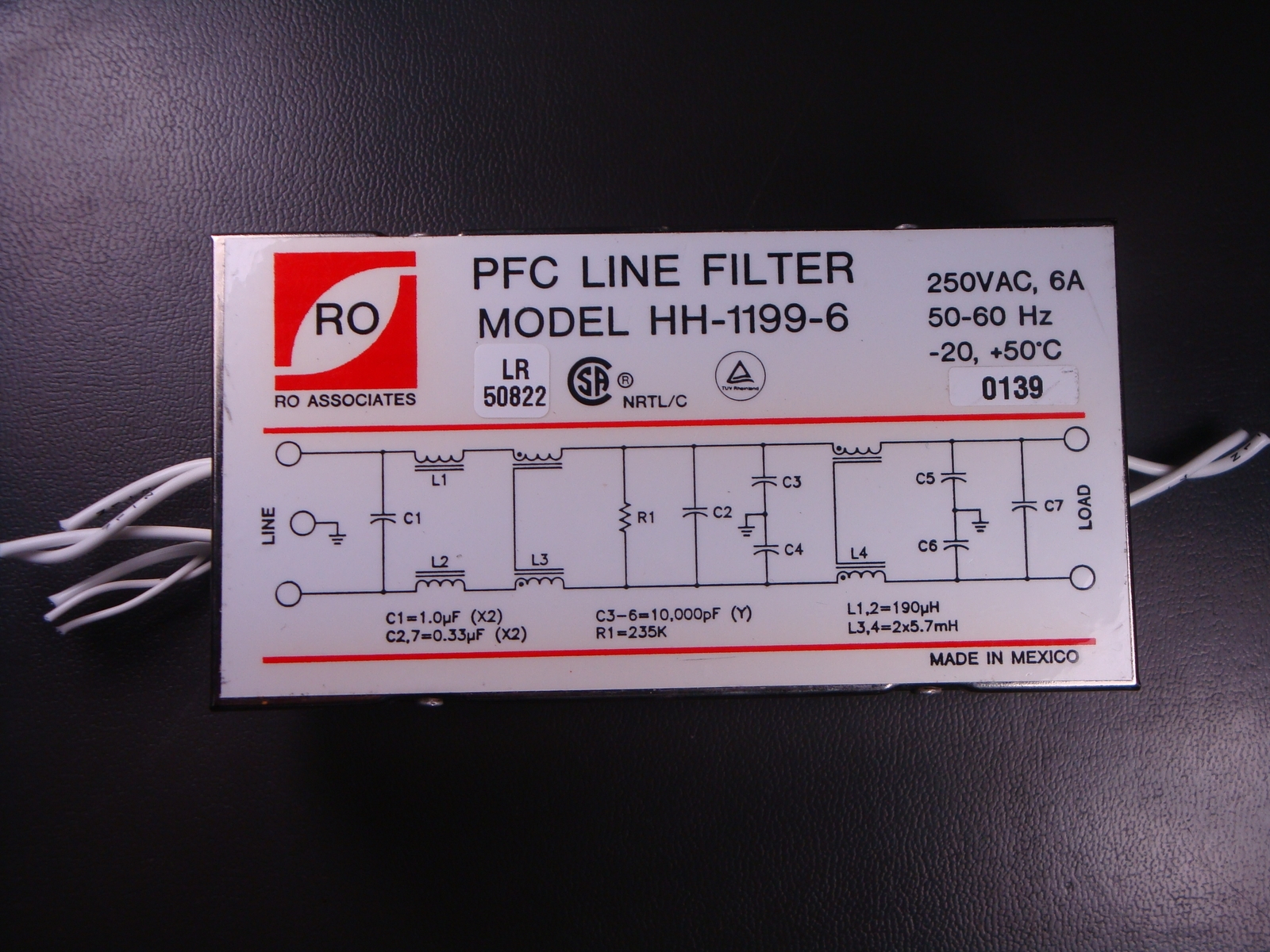 HH-1199-6 RO Associates JMK EMI PFC Line Filter 250VAC 6A 50-60Hz -20C to 50C