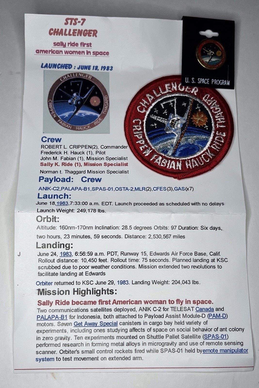 NASA Challenger STS-7 USA Space Shuttle Astronaut Patch & Pin Set 6/18/1983 NOS