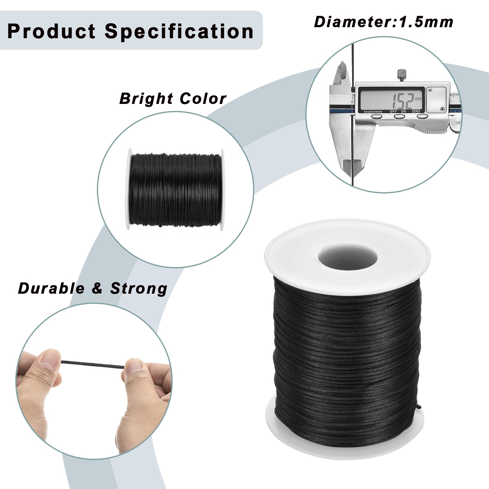 Nylon Satin Cord 1.5mm, 109 Yard Nylon String for Bracelet Thread Black