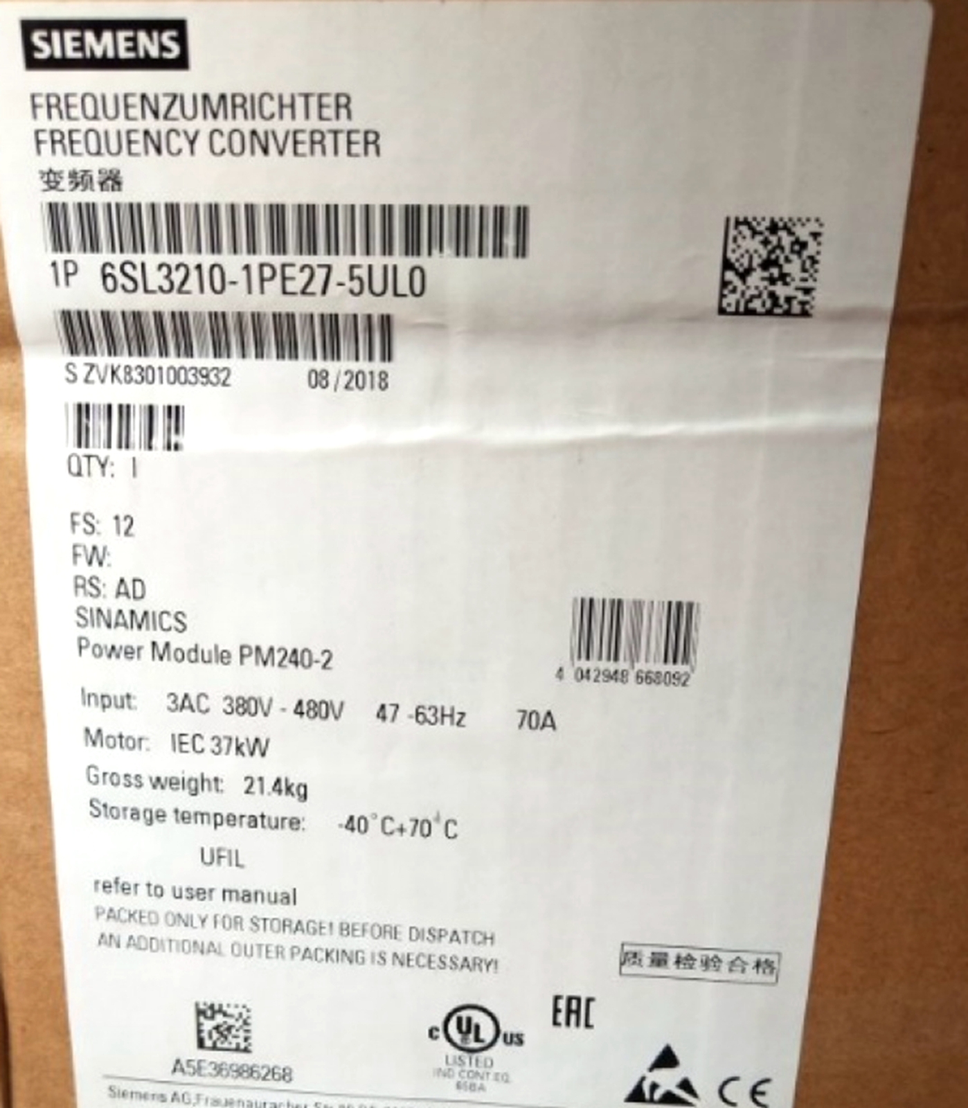 NEW Siemens Inverter 6SL3210-1PE27-5UL0 6SL3 210-1PE27-5UL0