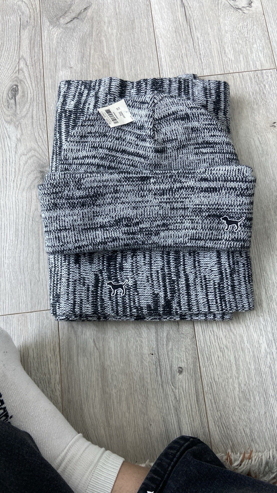 Victoria Secret Pink Line Gray and Black Knit Beanie and Scarf Set