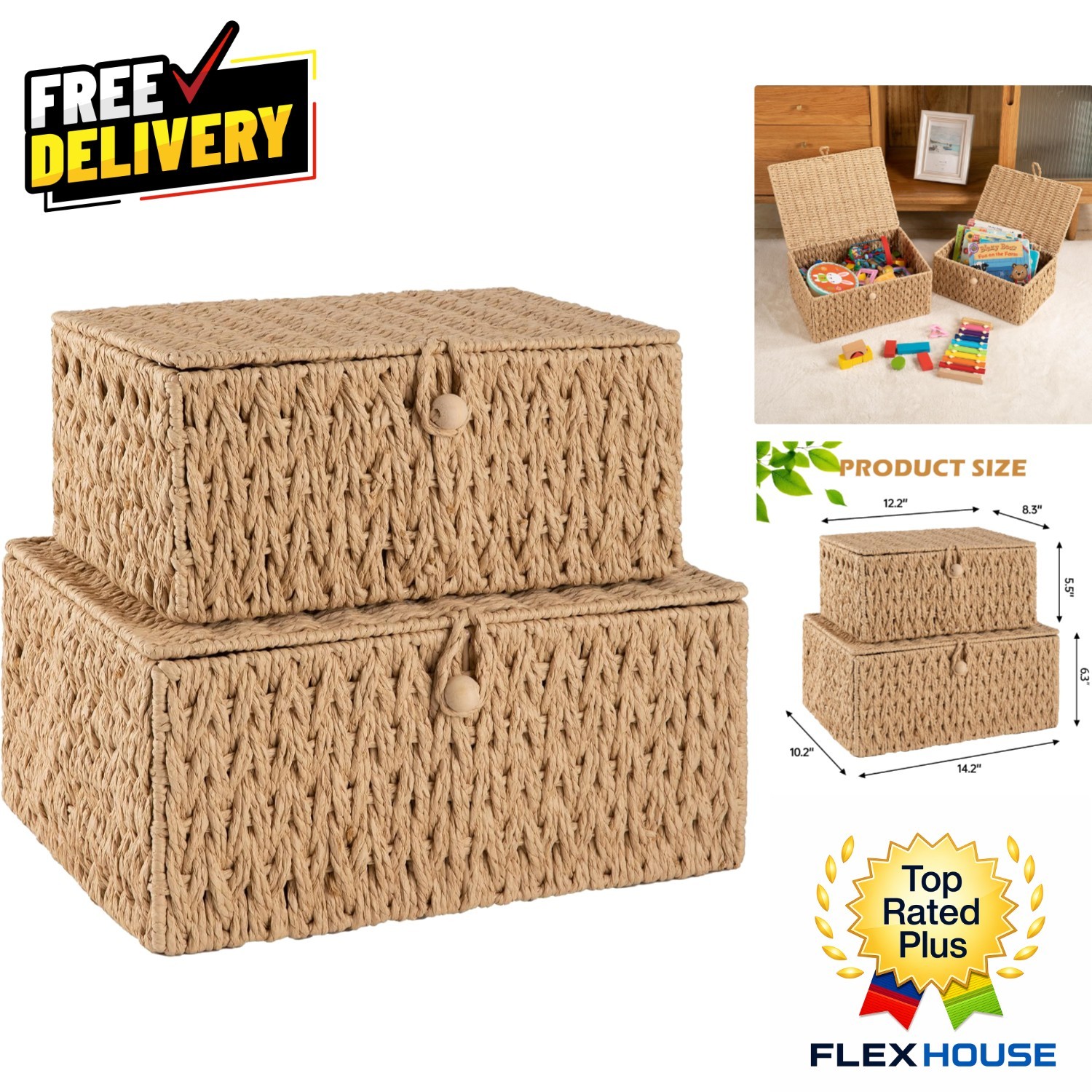 Natural Wicker Storage Baskets with Dust-Proof Lid - Ideal for Home Organization