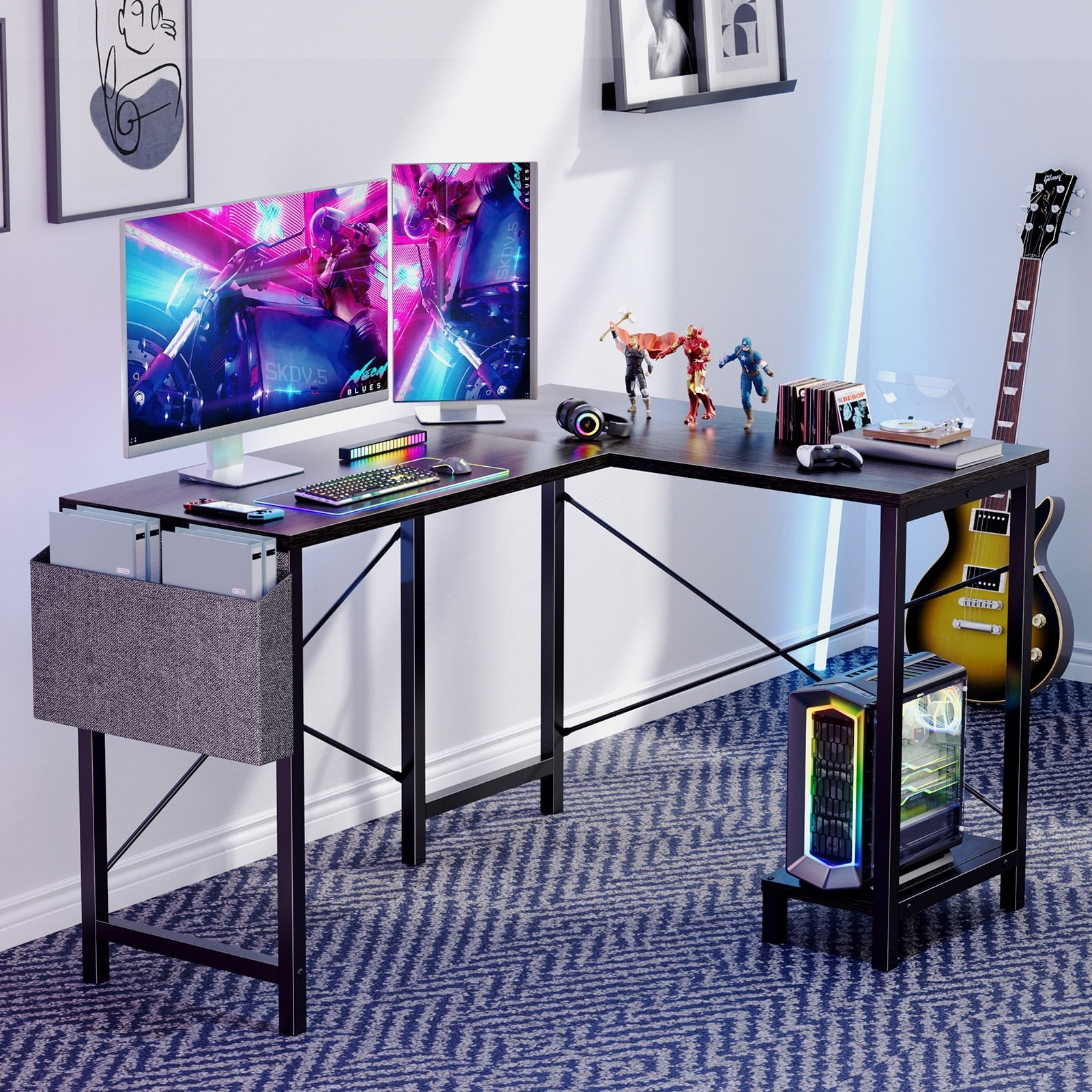 L Shaped Gaming Desk W/ Wooden Desktop CPU Stand Side Bag Reversible Home Office