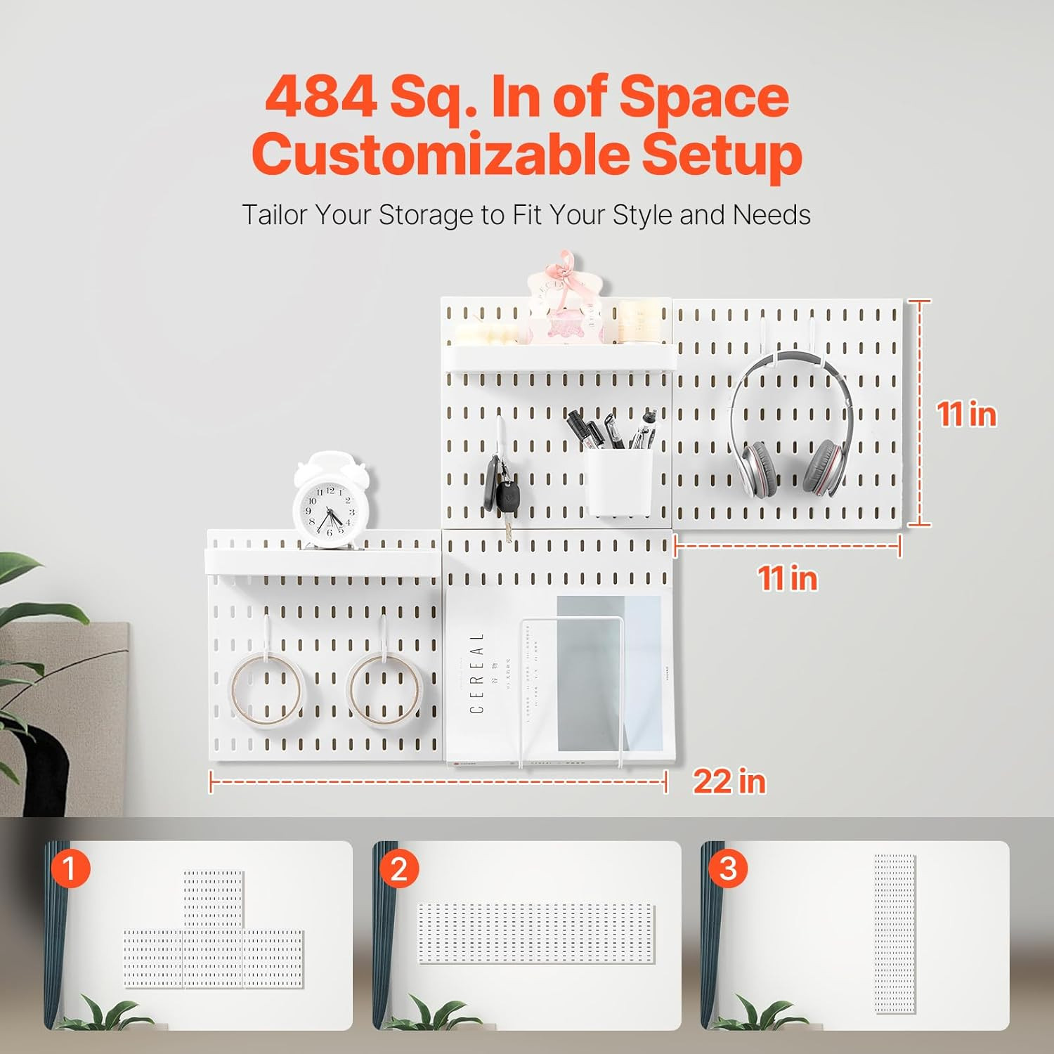 Pegboard Combination Kit, 11" X 11" Plastic Pegboard, 4 Panels, Peg Board Wall O
