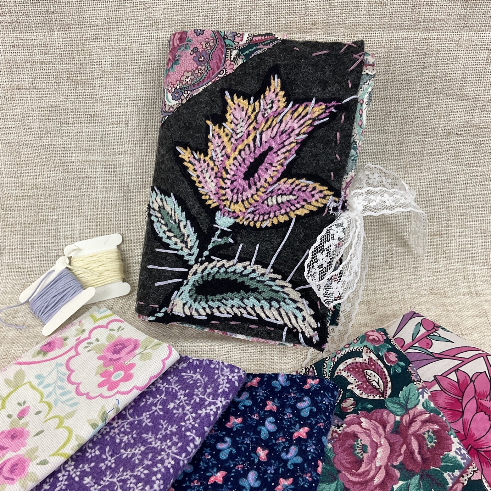 Handmade Slow Stitch Needle Book Gray Felt Floral Paisley Embroidery Needlebook