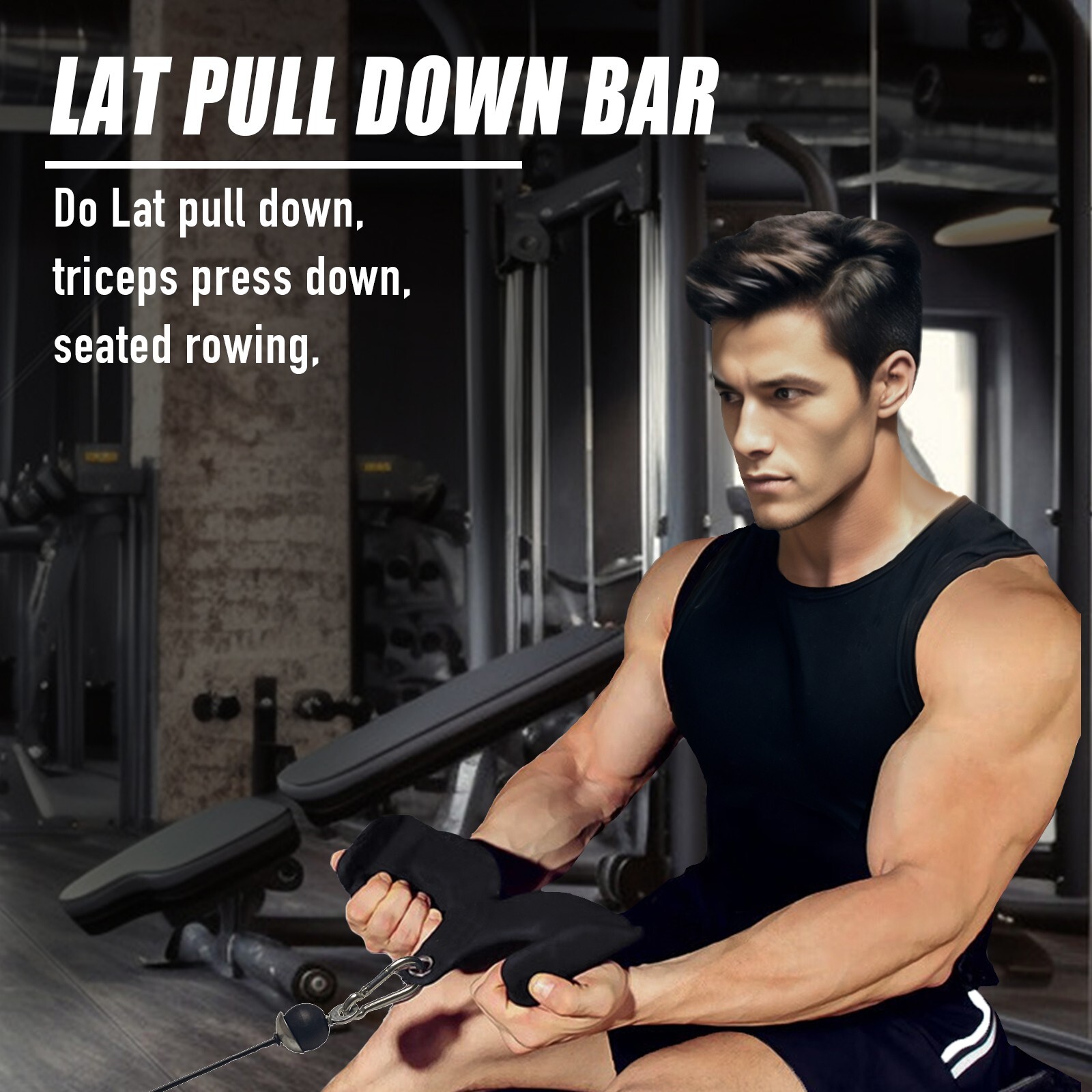 Fitness Rowing Pulley Cable Machine Attachment Handle Grips Lat Pull Down Bar