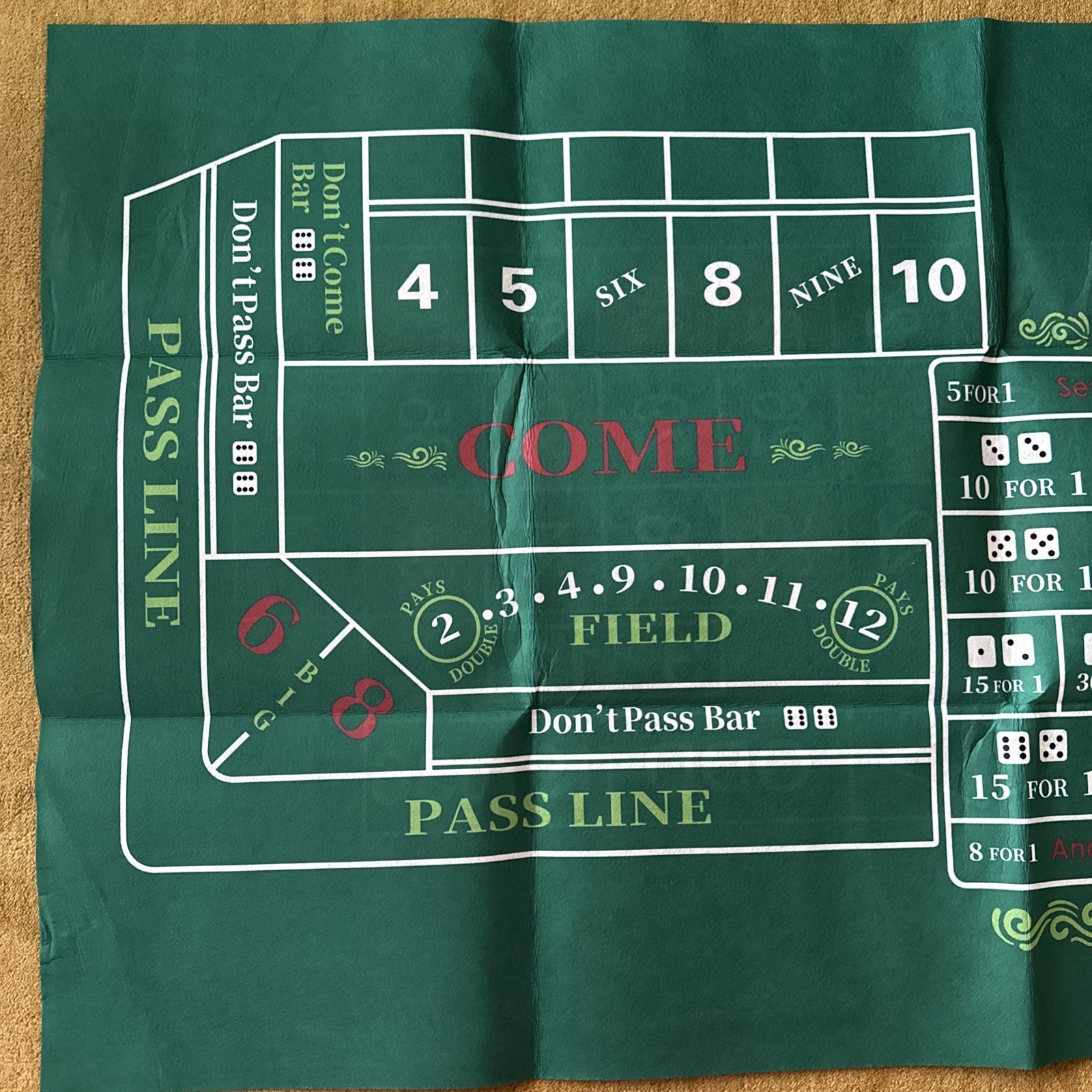 Large Craps & Roulette Table Top Felt Double Sided 70” X 35”