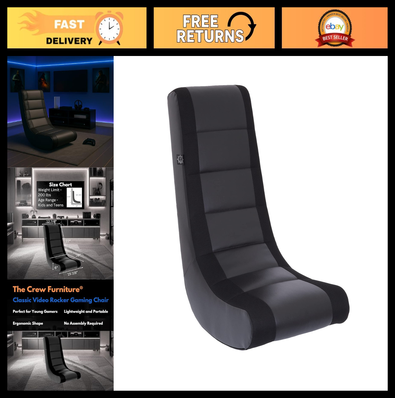 Classic Video Rocker Gaming Chair for Kids & Teens - PU Faux Leather, Black Mesh