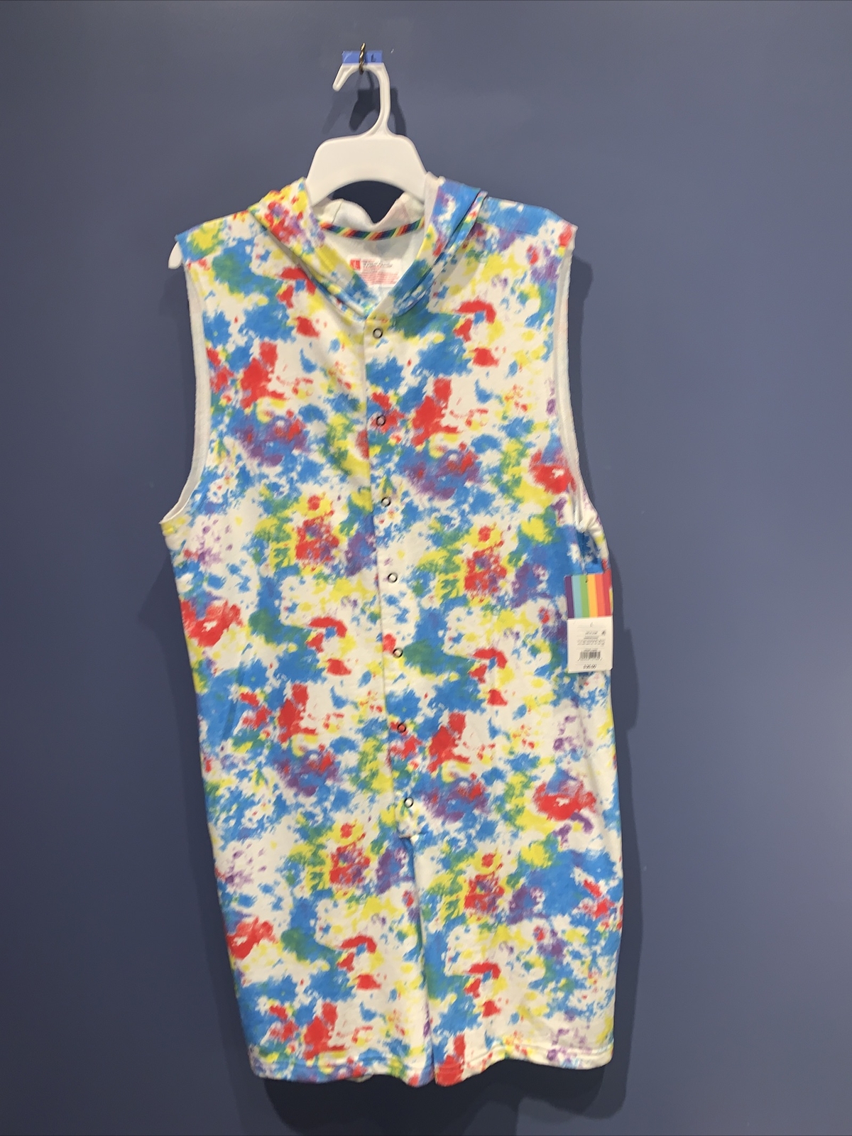 Adult Large Rainbow Jumpsuit  Romper  Size Adult L - Paint Splash, Hood NWT $30
