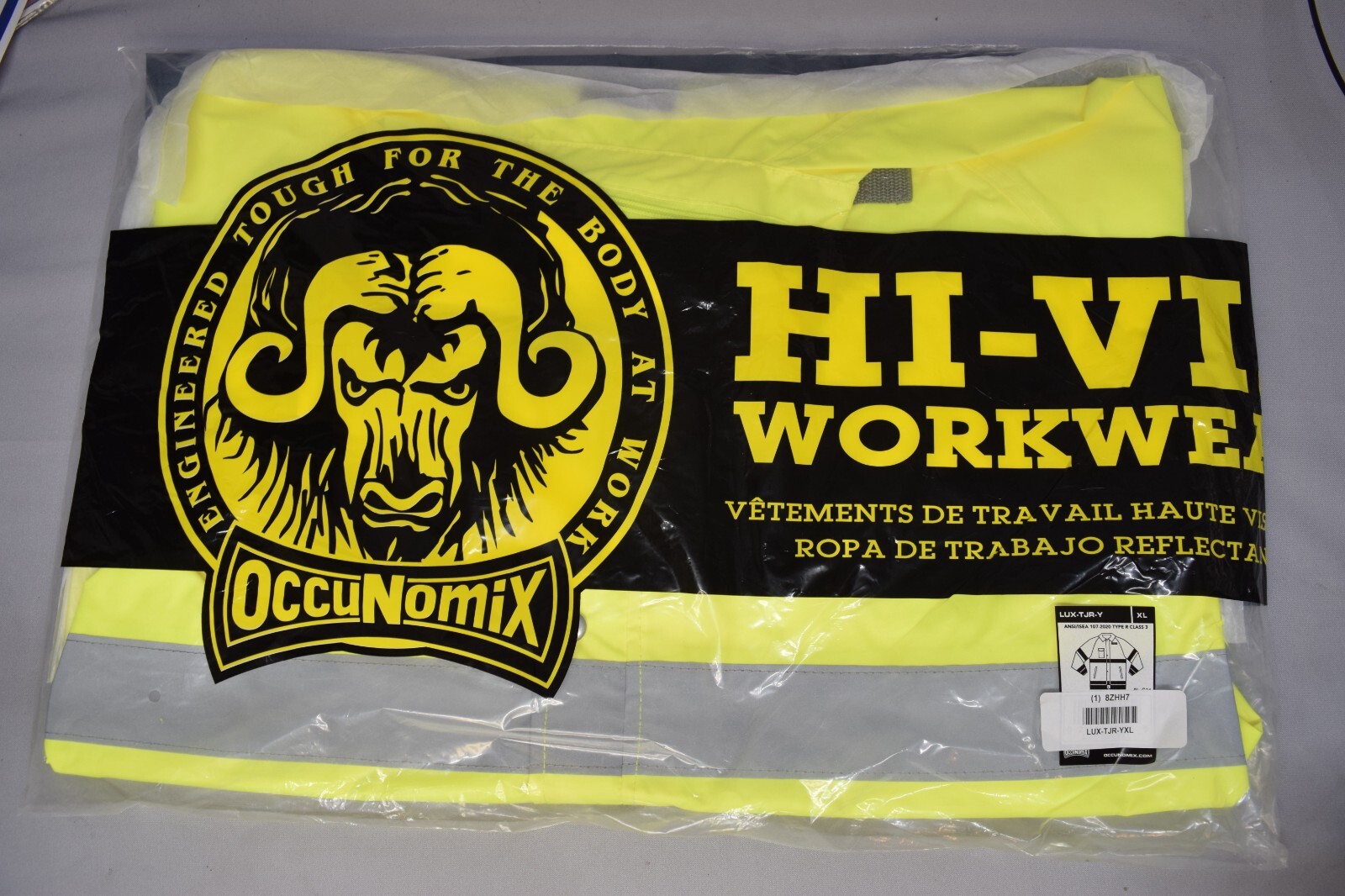 OCCUNOMIX LUX-TJR HI-VIZ Rain Jacket w/Hood, Class 3, Type R, Black/Yellow, XL
