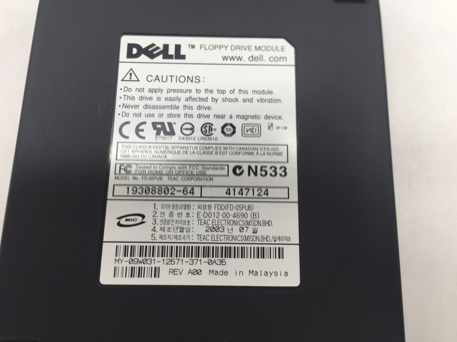 Dell 3.5" Floppy Drive Module Model: FD-05PUB External USB FREE S/H