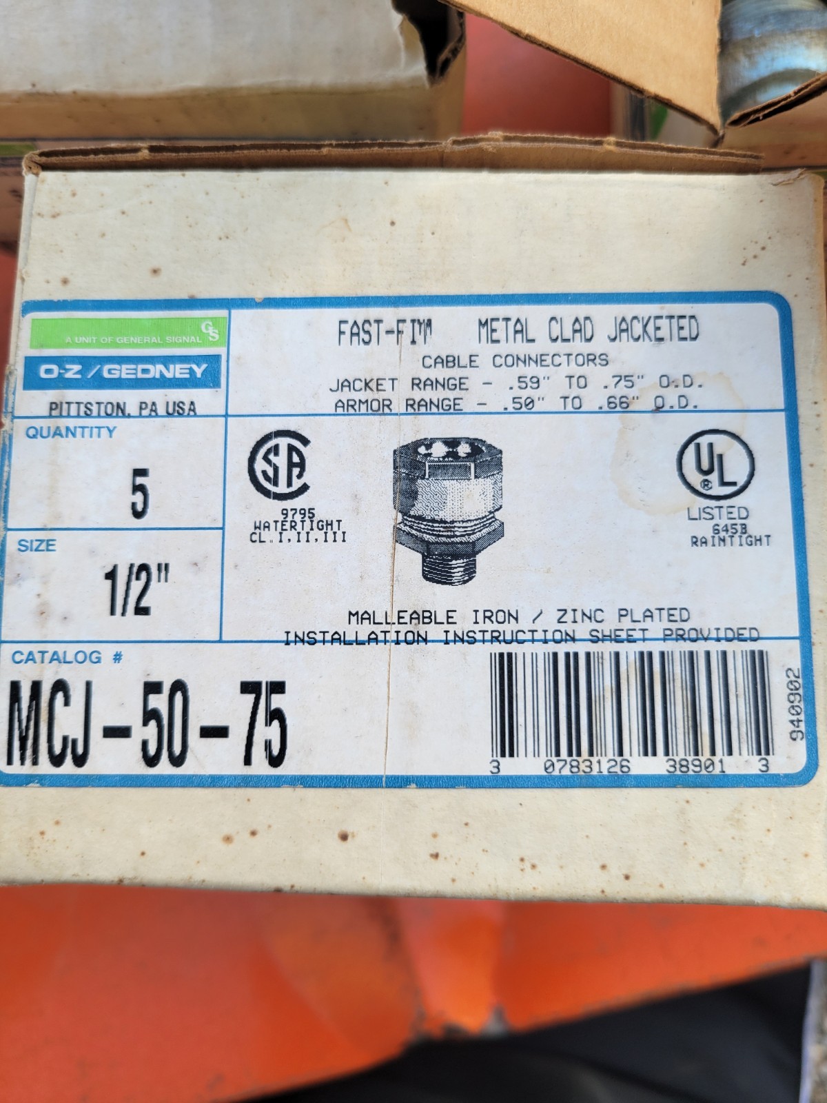 Box Of 5 O-Z/GEDNEY 1/2 INCH STRAIGHT Metal Clad Jacketed CONNECTOR