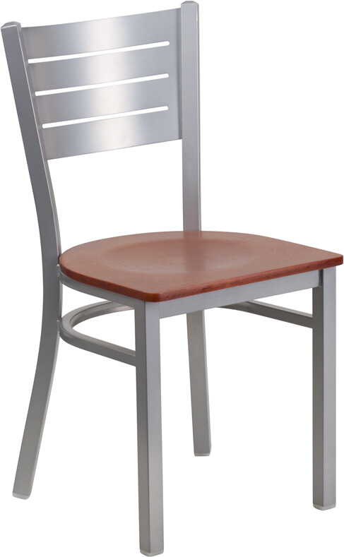 (10 PACK) Silver Slat Back Metal Restaurant Chair with Cherry Wood Seat