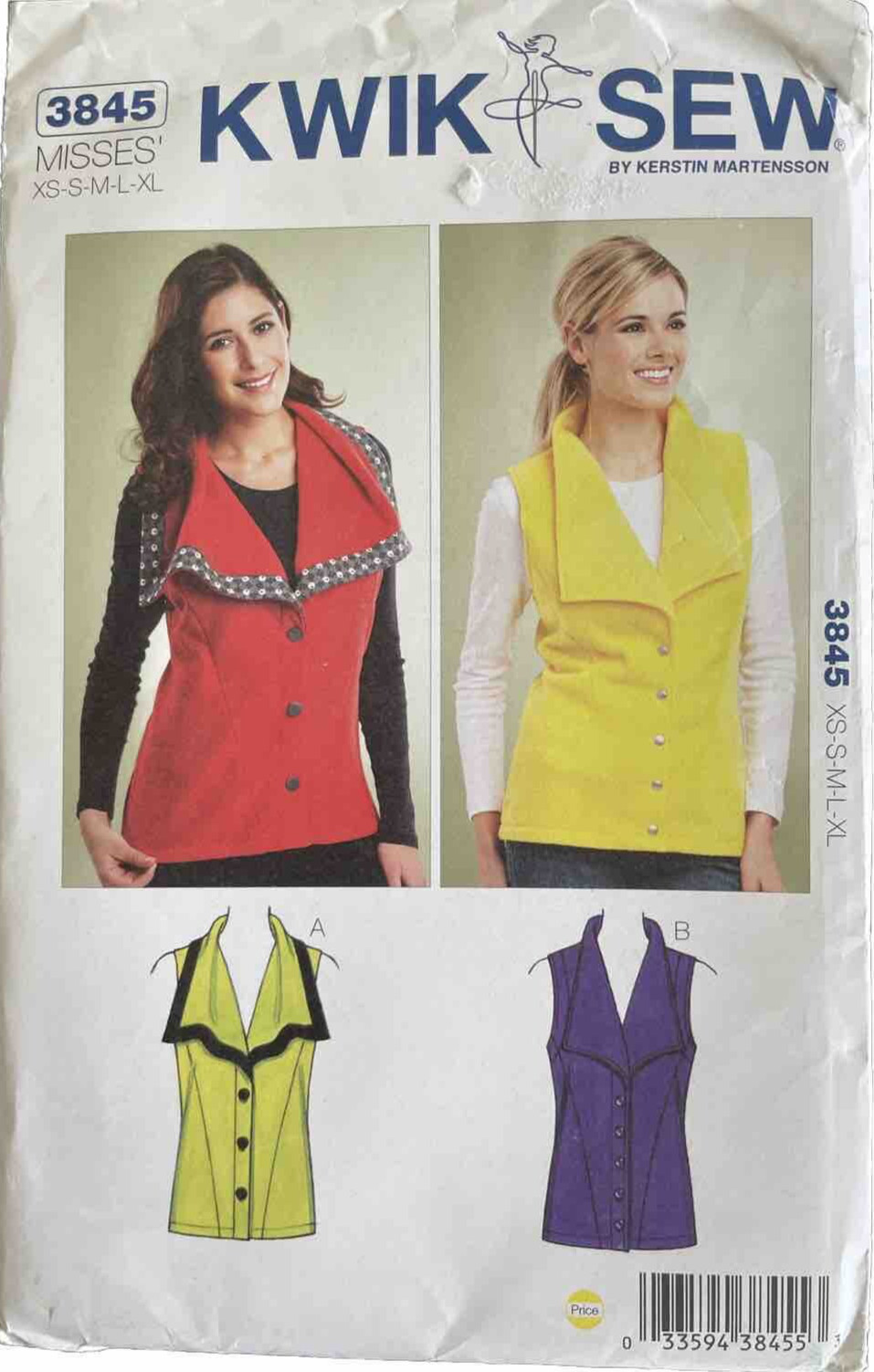 3845 KWIK SEW Misses Vest Front Panel Seams Button Size XS S M L XL